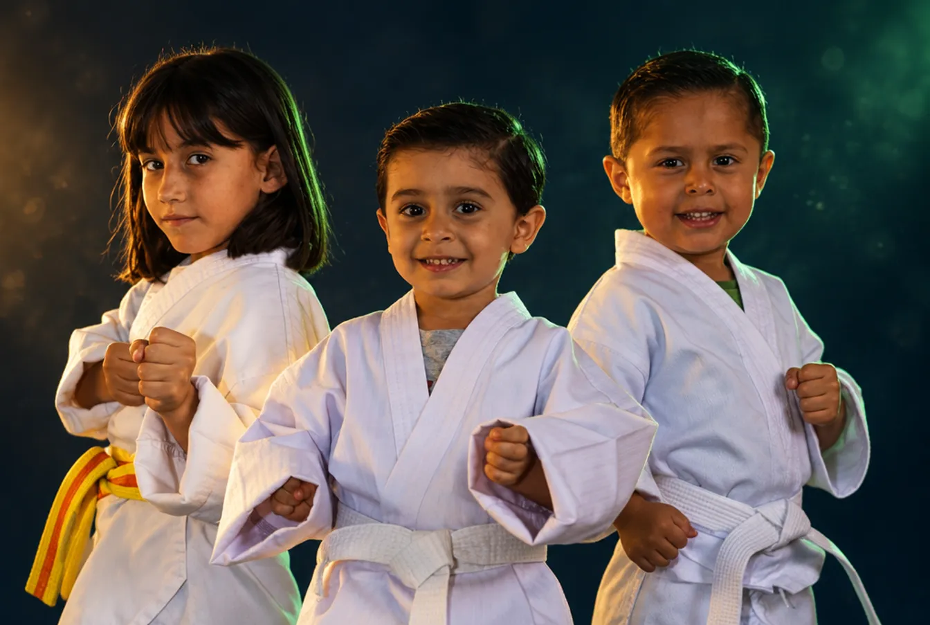 Tres alumnos de Little Vipers con dobok blanco en posición de guardia
