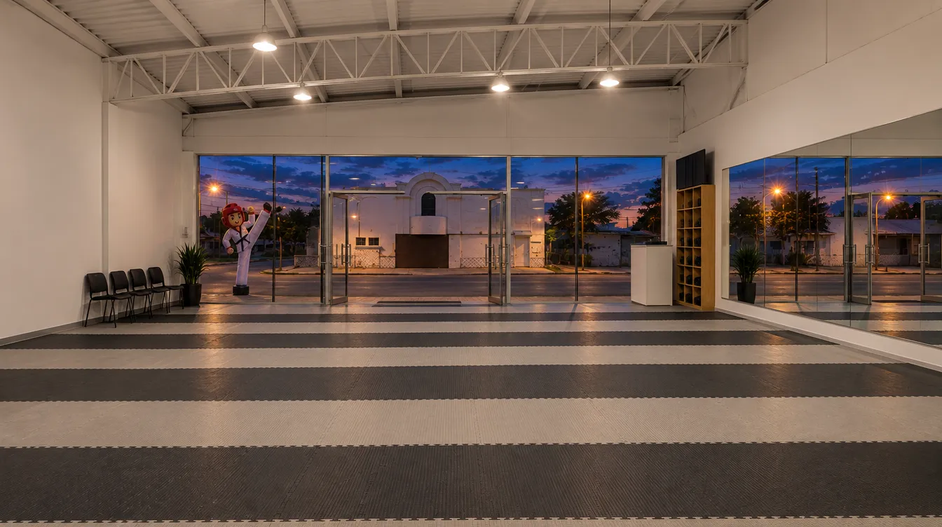 Interior de la escuela en Teocaltiche con vista a la calle y el muñeco inflable de taekwondo en la entrada