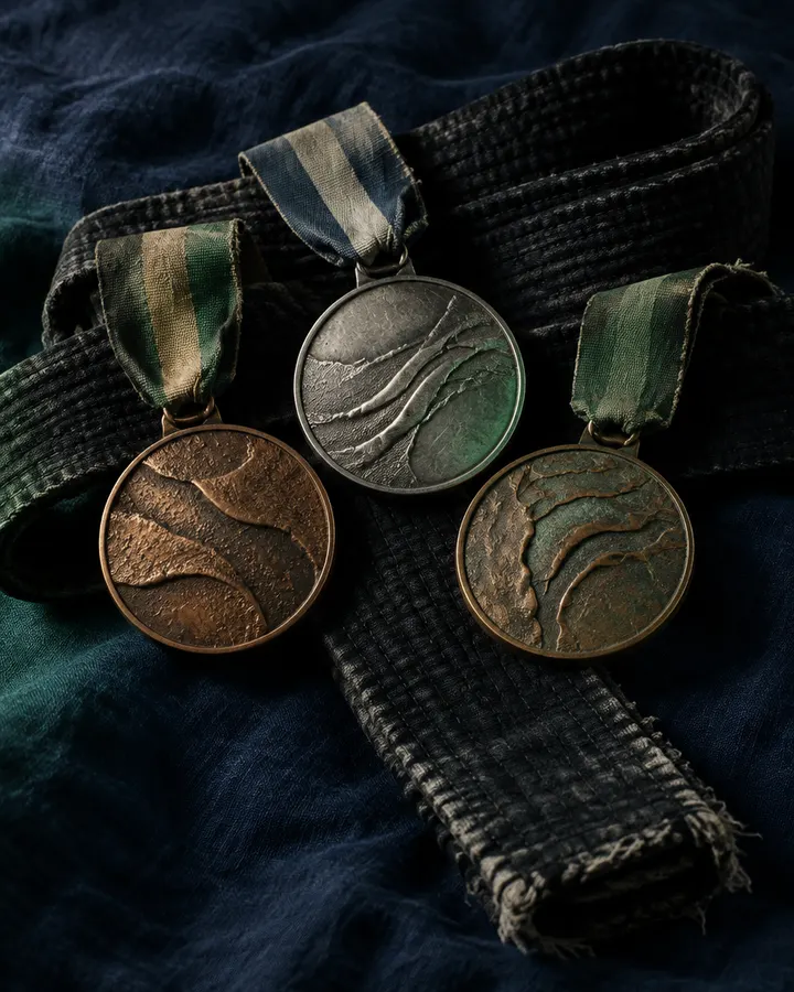 Medallas de bronce y plata sobre un cinturón negro gastado